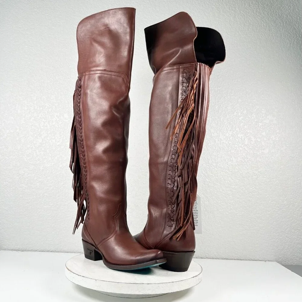 Lane KATORI Over the Knee Womens Cowboy Boots 5.5 Brown Western Cowgirl Fringe